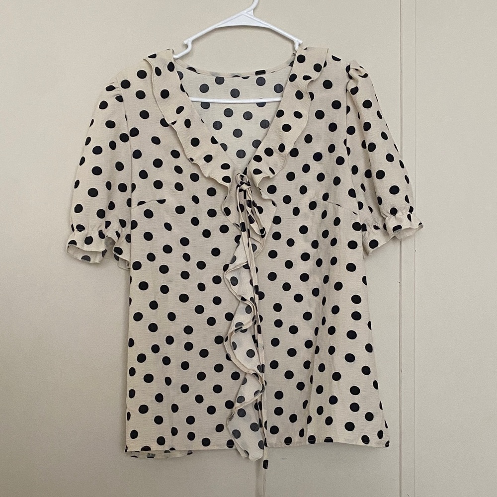 Polka Dot Ruffle Tie-Front Top in Cream and Black